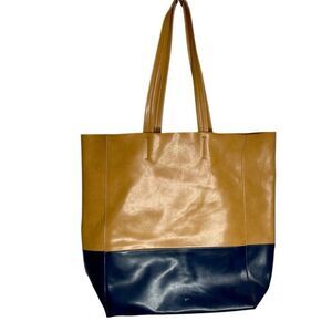 Sorial New York Vegan Faux Leather Navy Blue Tan Shoulder Tote Bag Purse Travel